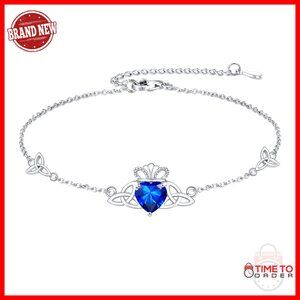 Sterling Silver Celtic Claddagh Bracelet with Heart Gem Adjustable Link